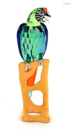 Swarovski Macaw Chrome Green, on a maple wood stand, with box and certificate, h23.5cm