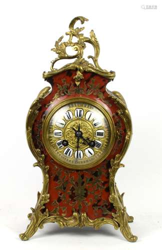 19th century French boulle mantel clock with gilt metal mounts and decoration, the dial with twin