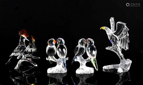 Collection of Swarovski crystal birds to include a Bald Eagle perched on a branch, 248003; two pairs