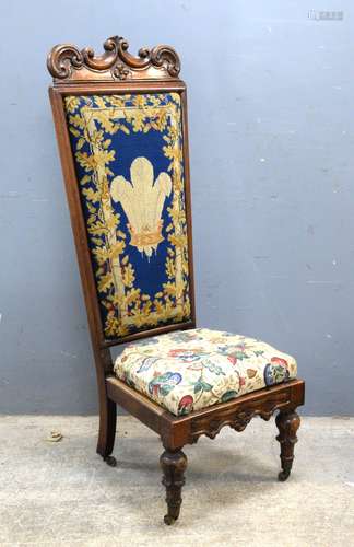 19th century mahogany framed high back chair with padded back with Prince of Wales feathers and drop