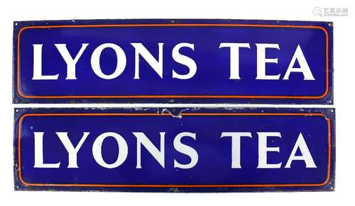 Lyons Tea enamel advertising sign, with white font on blue ground, with orange border, 18 x 68.