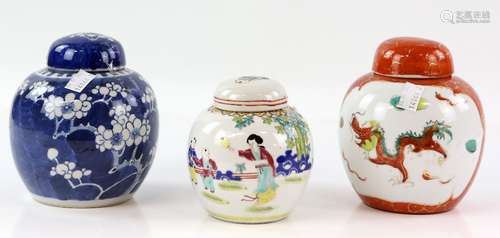 Three Chinese ginger jars, comprising: a famille rose example decorated with a Manchu / Chinese