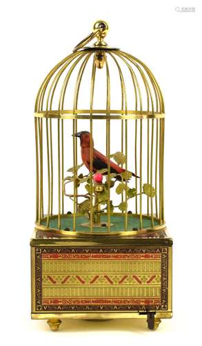 German, possibly Karl Griesbaum, Mechanical Singing Bird, beak, tail and head moving, brass cage and