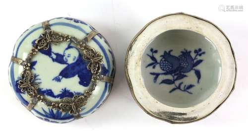 A white metal mounted, Chinese blue and white small box and cover, decorated with a boy chasing a