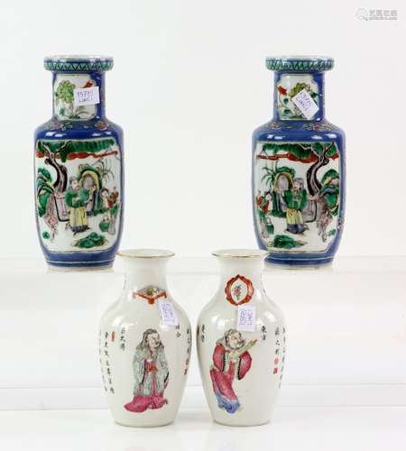 A pair of famille rose vases; each one decorated with figures from The Wu Shuang Pu [The list of