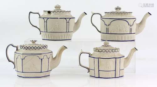 Four Castleford stoneware teapots, one modelled with acanthus leaves and a scene of cherubs