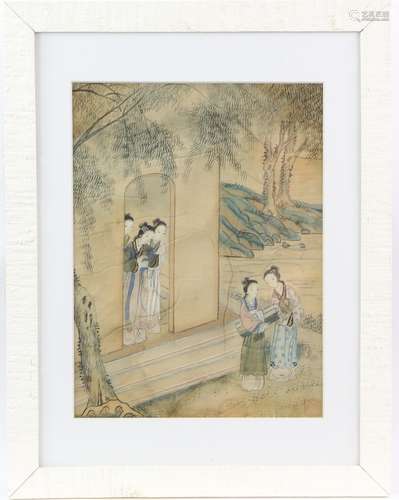 Chinese silk picture of three Manchu / Chinese girls conversing with two others in a lakeside