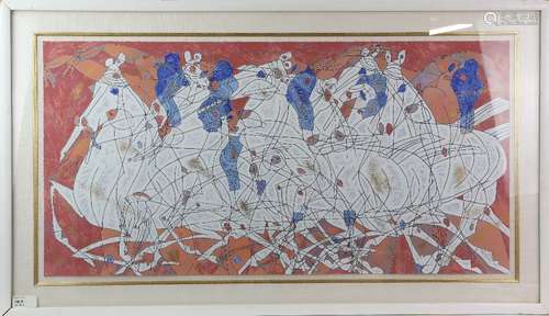 Jiang Tei Feng (Chinese b.1938). ‘Speed’, a study of galloping white horses. 1986 Limited edition