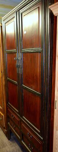 Chinese stained elm and ebonised cupboard with two panelled doors over four drawers, on square