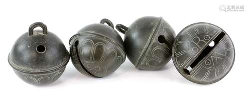 Four 18th century crotal bells by Robert Wells, each monogrammed RM and numbered, largest 12.5cm