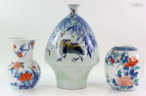 A large underglaze blue and underglaze red decorated vase, designed with game birds and foliage