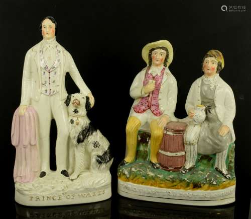 Staffordshire figural groups Tam O'Shanter and Sooter Johnny, 32cm, Prince of Wales with dog,