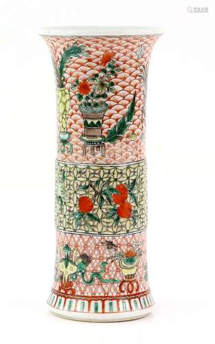 A susancai style cylindrical vase with trumpet rim, decorated with objects from the Scholar's studio