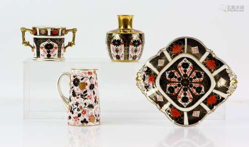 Royal Crown Derby twin handled mug, 8cm, vase, 11cm, dish, 22.5cm diameter, all in pattern no 1128