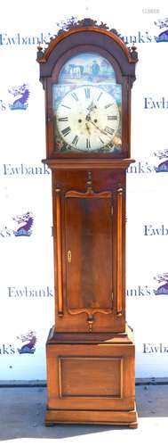 19th century mahogany Robbie Burns eight day longcase clock,with painted arched dial with Roman