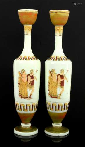 Pair of 19th century opaline glass vases in Etruscan style, with vignettes of musicians and Greek