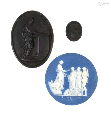 Leeds pottery black basalt plaque 7cm, Wedgwood Etruria cameo plaque 6.5cm and a Wedgwood &