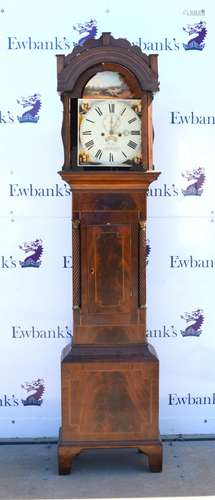 19th century mahogany and chequered banded eight-day longcase clock, painted arched dial with second