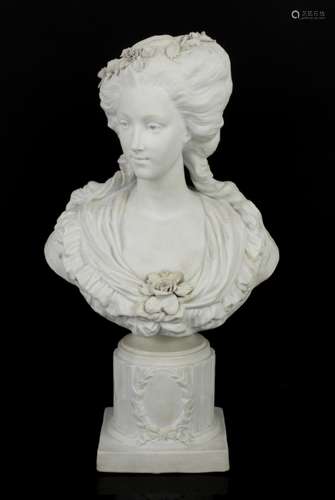 Parian bust portrait of an elegant lady dressed in a floral decorated hat. 38cm high