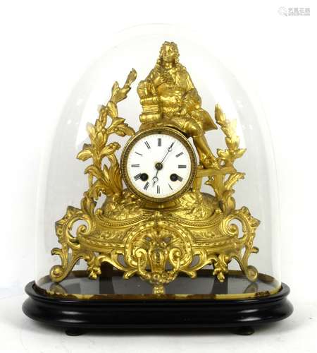 Late 19th century French gilt metal mantel clock, the white enamelled dial with twin train