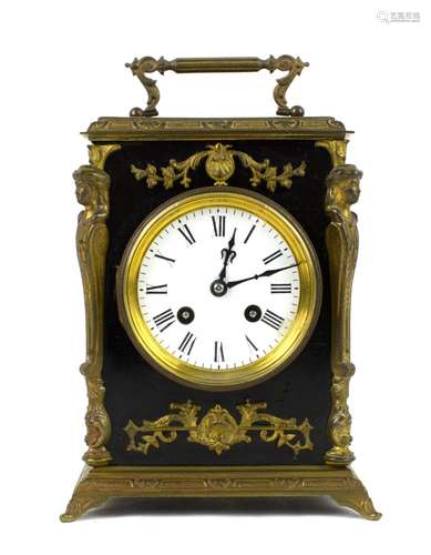 Late 19th/early 20th century French ebonised and cast metal mounted mantel clock, white enamelled