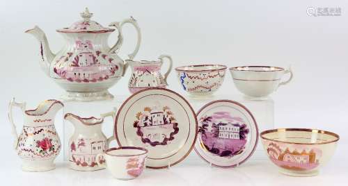 Pink lustre teapot with naïve decoration of a house and gardens, H 20cm, a similarly decorated bowl,