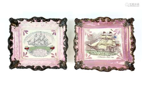 Sunderland lustre wall plaques, one titled 'A Frigate in Full Sail' and the other 'May Peace &