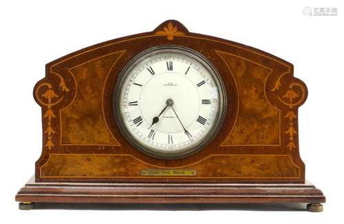 20th century mahogany and walnut mantel clock with marquetry inlaid decoration, on turned metal