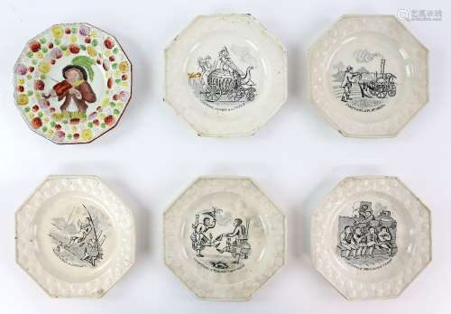 Staffordshire octagonal moulded pearlware plates, circa 1830, with satirical monochrome transfer