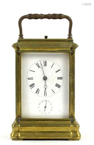 Late 19th / early 20th century brass gorge cased repeating carriage clock, the white enamel dial