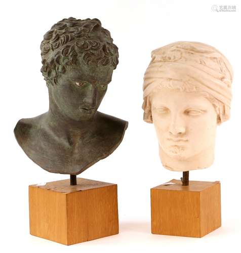 After Marathon Boy plaster bust with bronzed finish on wooden plinth 42cm high not including