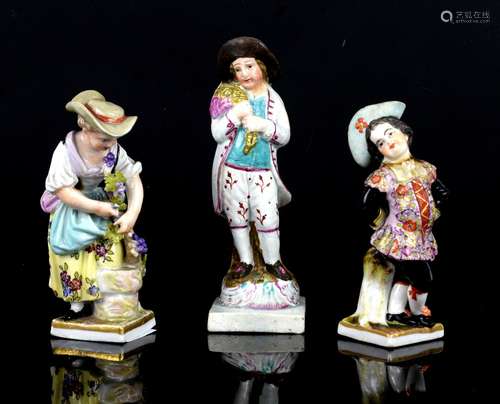 Staffordshire pearlware figure, unmarked, 13.5cm and two Dresden porcelain figures of a girl and a