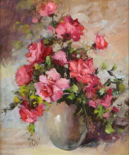 Still life, roses in a vase, oil on board, signed with initials, possibly DR 28.5 x 23.5cm