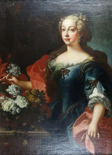 18th century style, portrait of a lady dressed in a blue dress, holding a flower in her hand, oil on