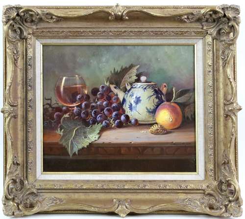 § Raymond Campbell (British, b.1956), still life of teapot, grapes, peach and glass of wine on a