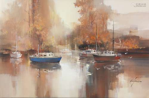 Wilfred Lang, moored boats, acrylic on canvas, signed Wilfred lower right, unframed, 58cm x 90cm