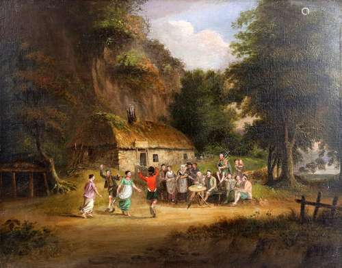 19th century Rural scene of Scottish peasants gathered in front of a thatched cottage, some