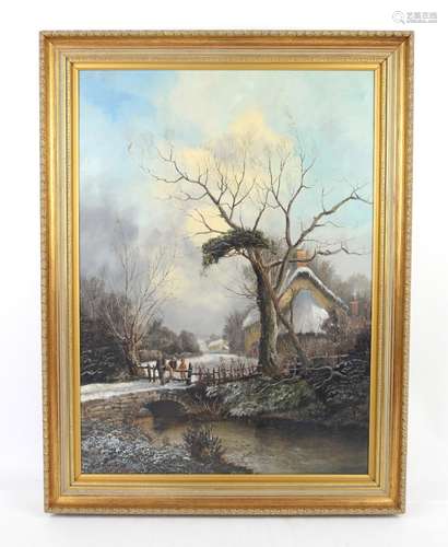 J Edwards, winter landscape with figures crossing a bridge, oil on canvas, signed and dated 79, 66.