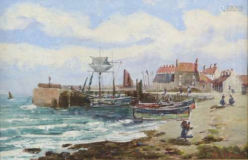 J.M. Dodds (Scottish, 19th/20th century), Fishing village harbour, oil on board, 30 x 46cm