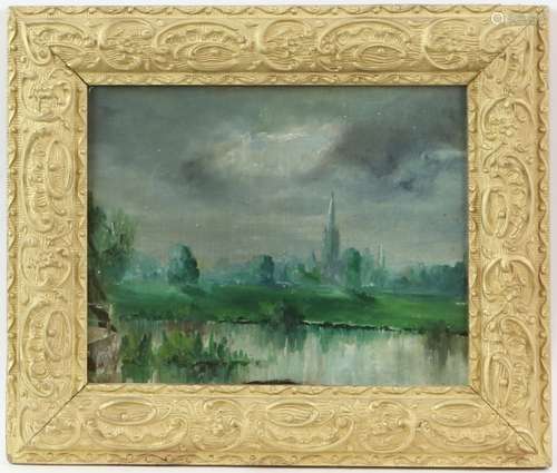 English School 19th Century. View of a Cathedral (probably Salisbury) from meadows. Oil on panel. 16