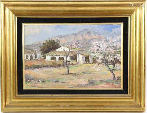 Late 20th century Continental school, Cherry trees on a farm within a mountainous landscape, oil