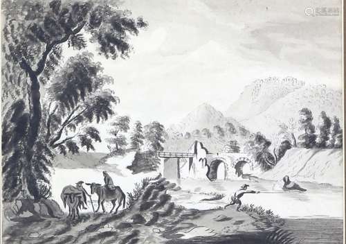 Attributed to Johannes Huibert Prins (1757-1806). Figures in a river landscape, a castle beyond. Pen