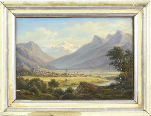 19th century Austrian view of a town in the Tyrol with mountains to background, oil on canvas,