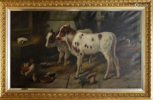 19th century Continental school, Two calves in a barn with chickens, chicks and a puppy, oil on