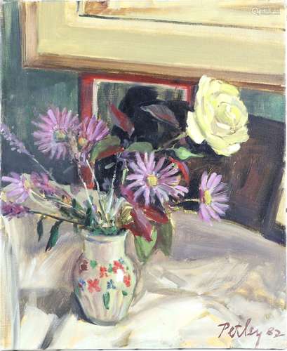 Llewellyn Petley Jones (British, 1908-1986). Still Life, chrysanthemums and a white rose in a