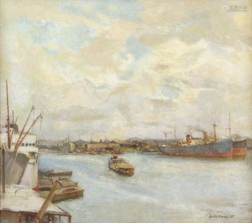 Jack Merriott, British 1901-1968, river view from the docks with ships and buildings, signed, oil on