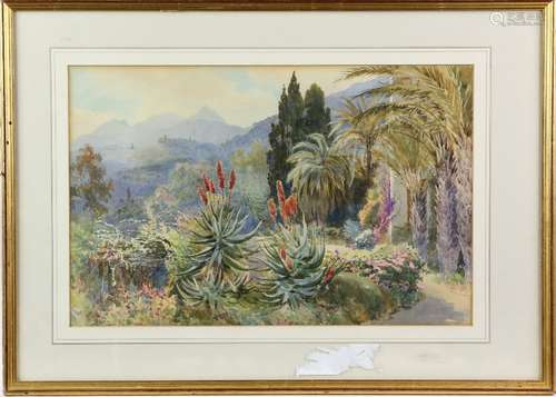 20th century Continental School, view from a garden to mountains beyond, watercolour, 29cm x 45cm,