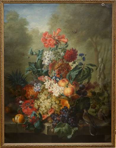 Édouard Vasselon (French, 1814-1884), still life depicting an abundance of fruit and flowers with