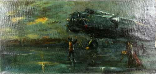 Castle, 20th century British School, 'Excalibur' Lancaster bomber preparing for take-off, signed and