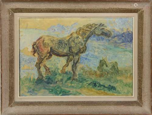 Mid 20th century Continental school, a pair of impressionist wash on canvas of horses, unsigned,